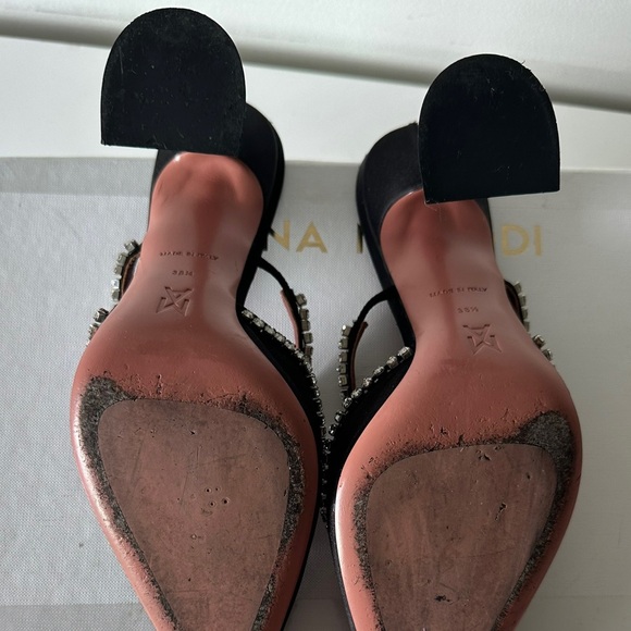 Amina Muaddi Black Satin Gilda Heels Pumps with Crystal Accents - Picture 9 of 13